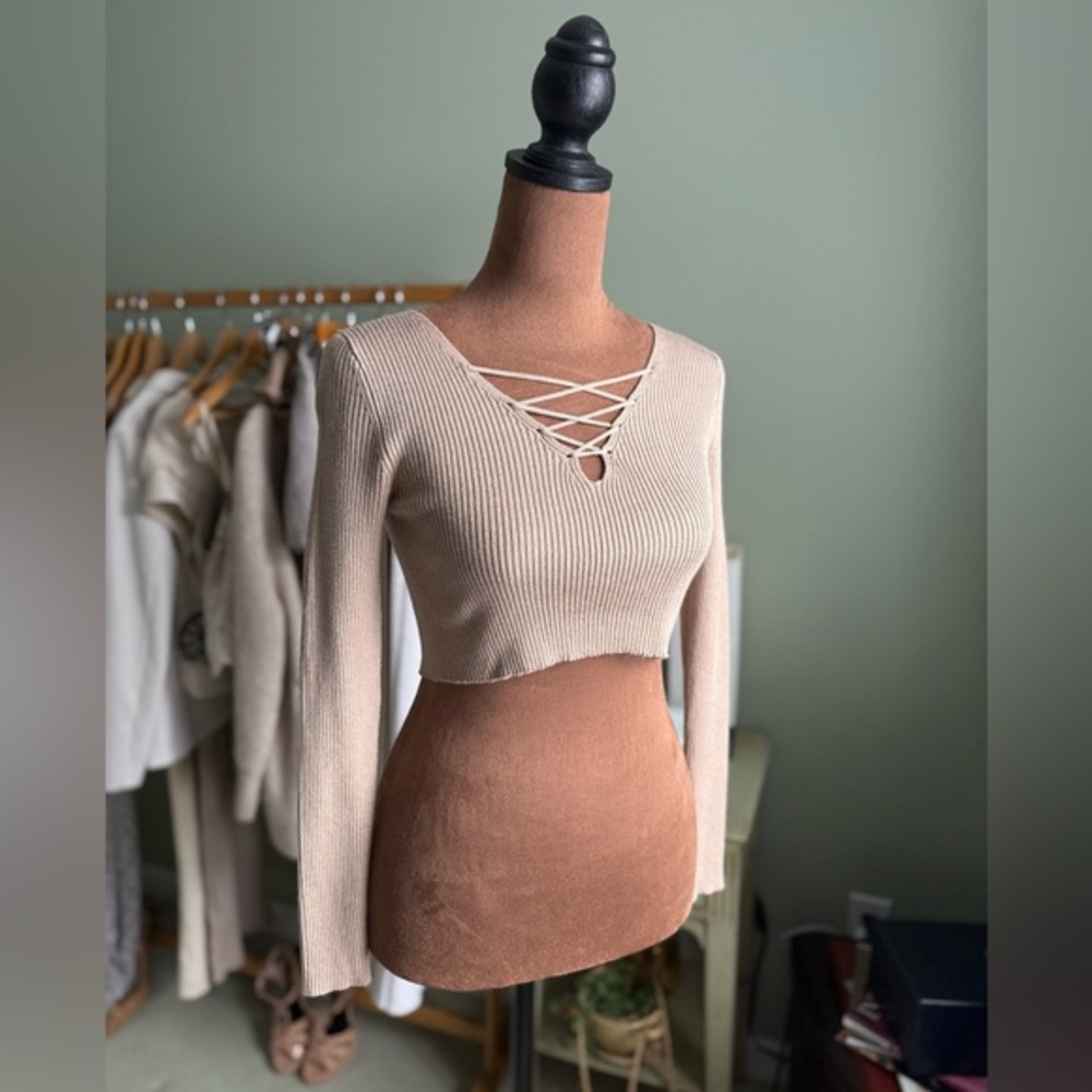 Ambiance Tan Cream Long Sleeve Cut-Out Crop Blouse